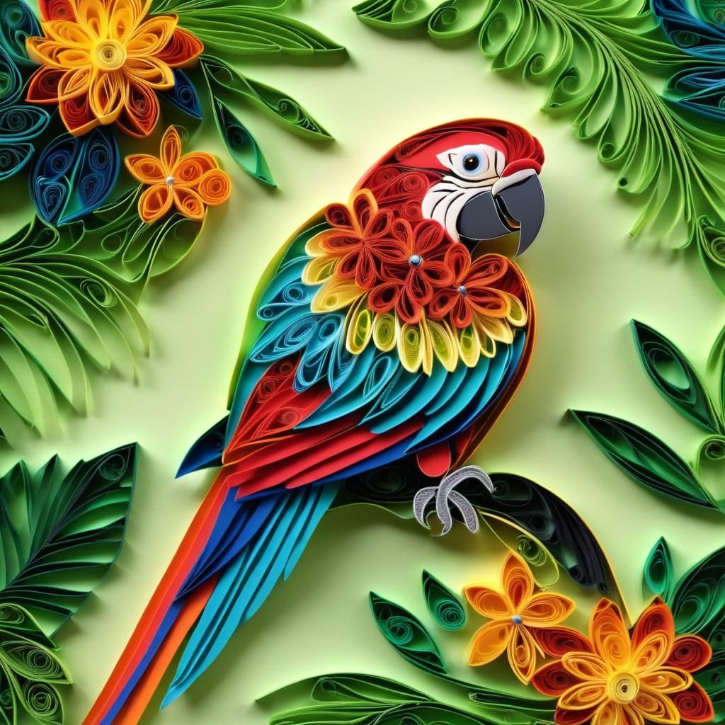 Exotic Paper Quilled Parrot in Jungle Scene