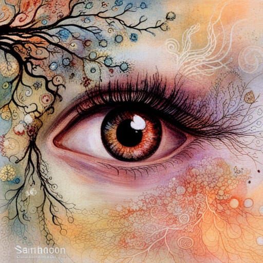 Surreal Eye Reflecting Branching Flowers in Boulet Style