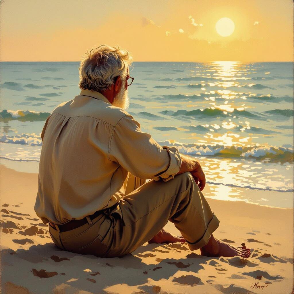 Elderly Man Gazing at Sea in Realist Style