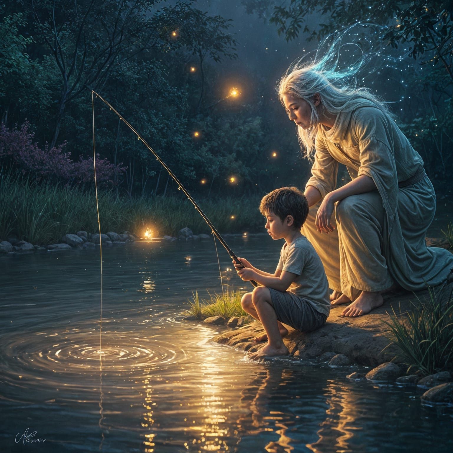 Child Fishing With River Spirit, Magical Realism