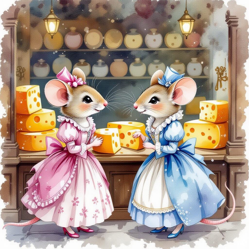 Victorian Mice Chat at Cheese Store in Watercolor Style