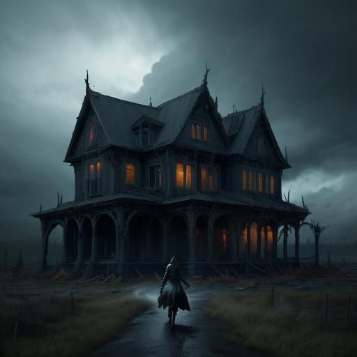 Dark Fantasy: Girl Running from Haunted House