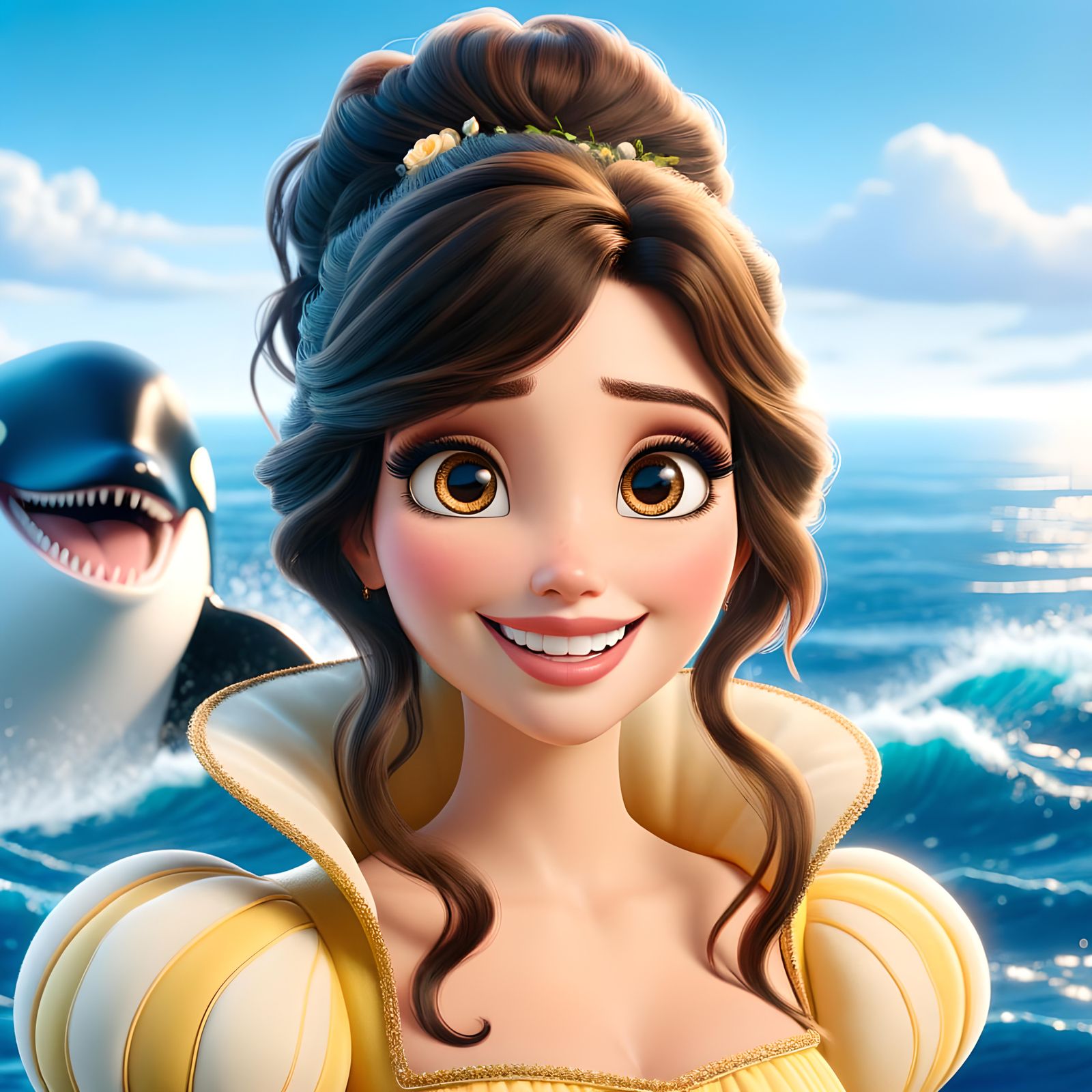 Joyful Cartoon Princess Rides Orca in Ocean