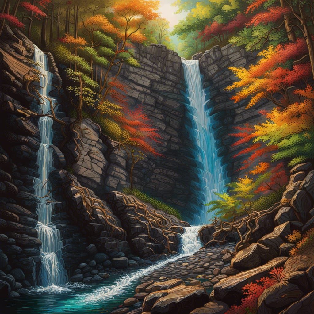 Hyperrealistic Bushkill Falls with Vibrant Colors