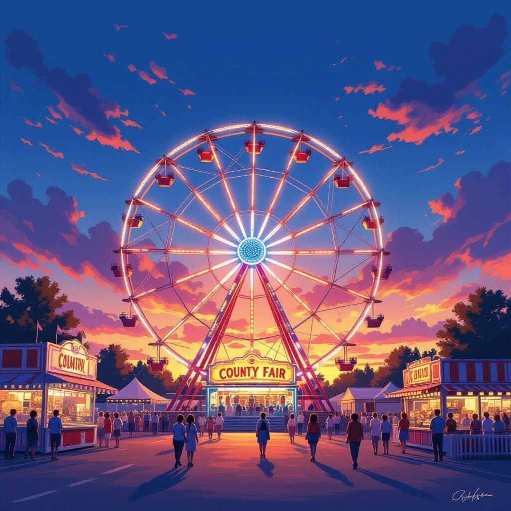 Colorful County Fair at Sunset in Animated Style