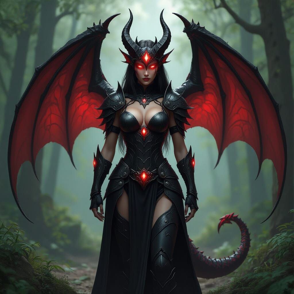 Dragoness Warrior in Forest Clearing with Crimson Armor