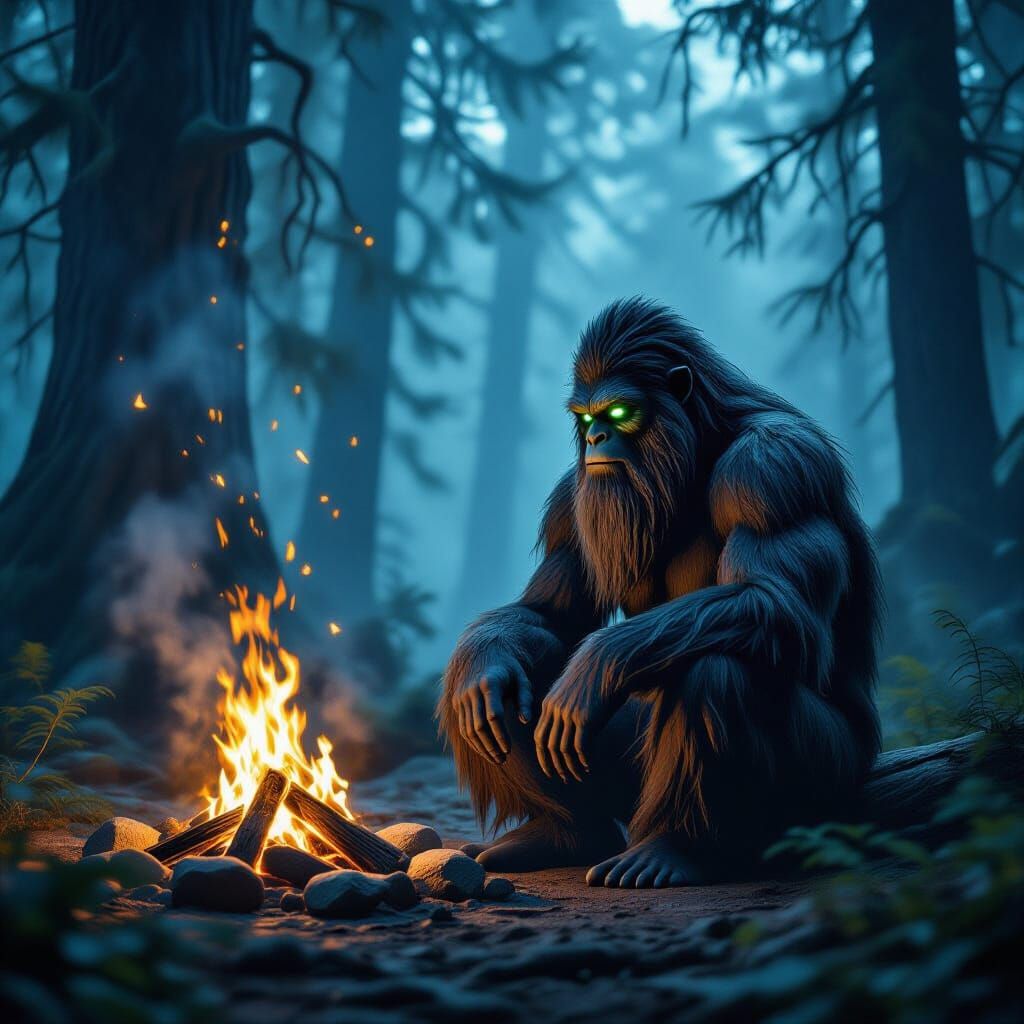 Mystical Sasquatch by Campfire in Ancient Forest
