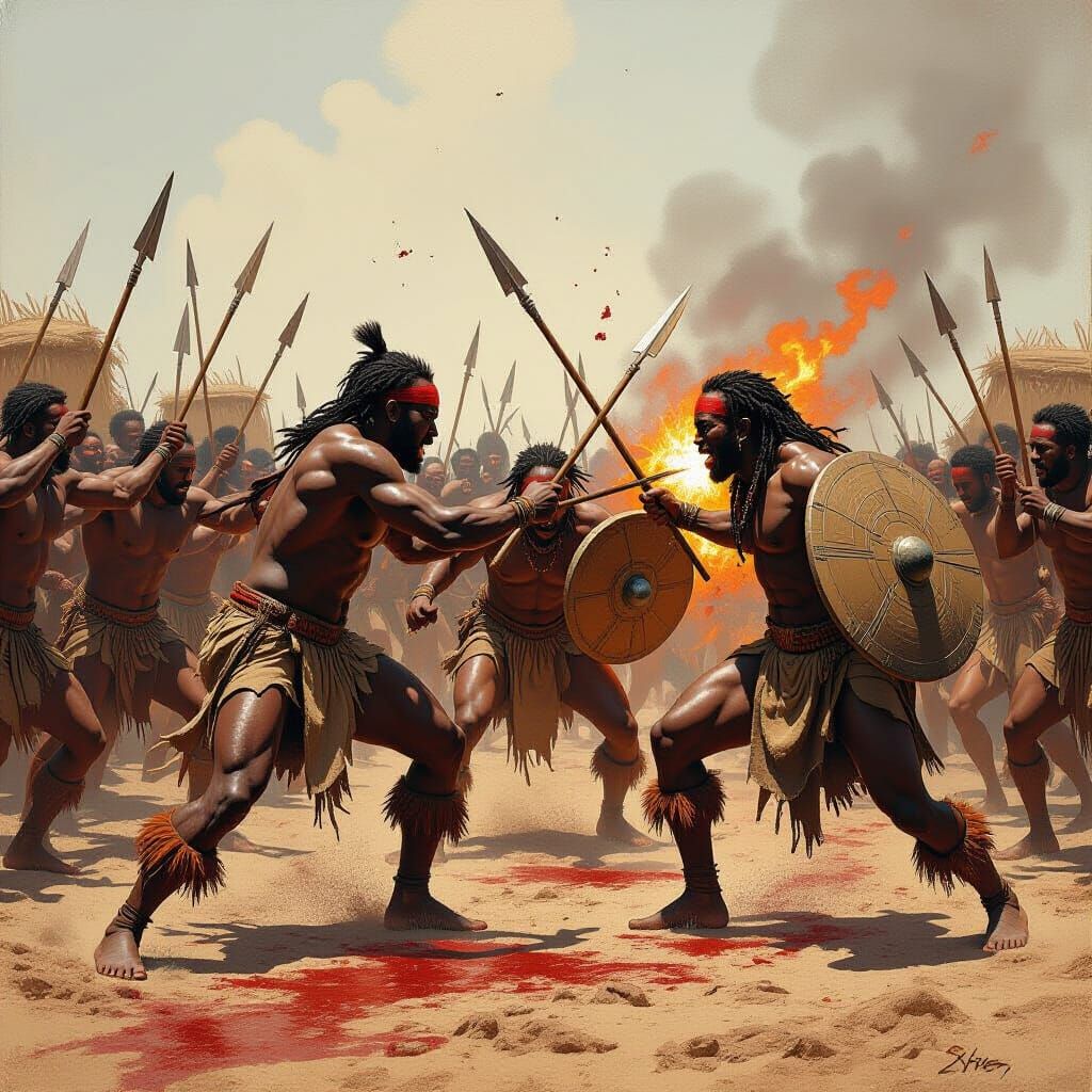 Fierce African Warriors Clash in Gritty, Vibrant Combat