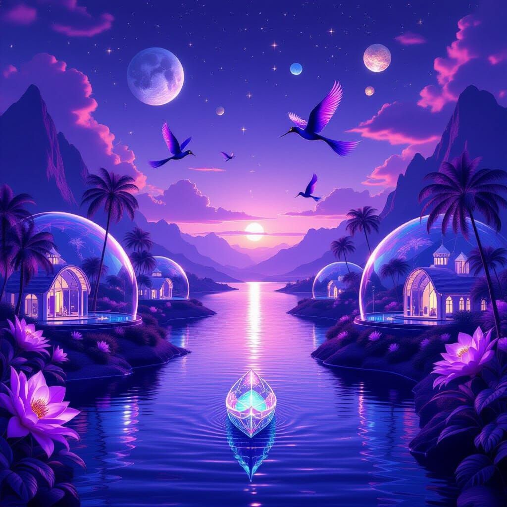 Surreal Purple Landscape with Crystal Domes and Exotic Birds