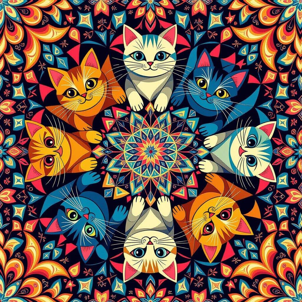 Kaleidoscope Cats in Vibrant Geometric Design