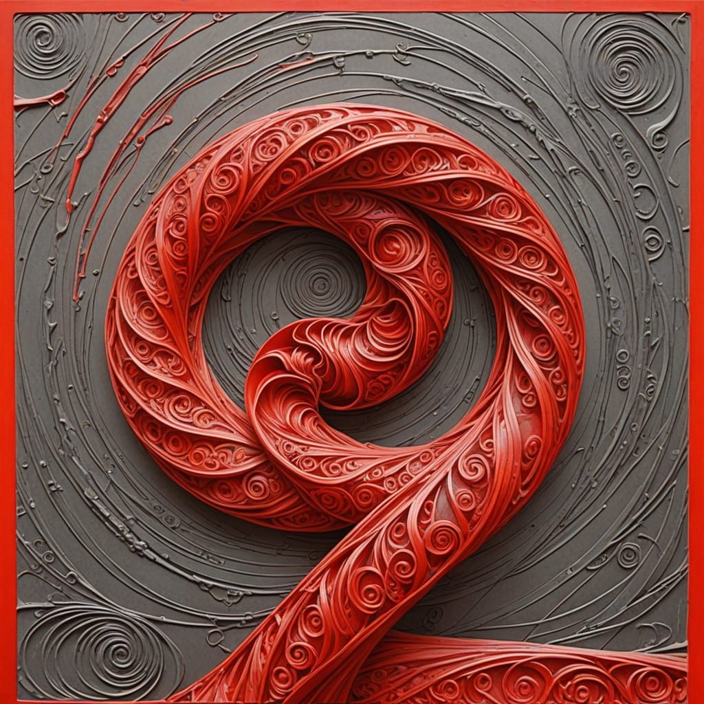 Abstract Red Twisting Forms in Etched Sketch Style