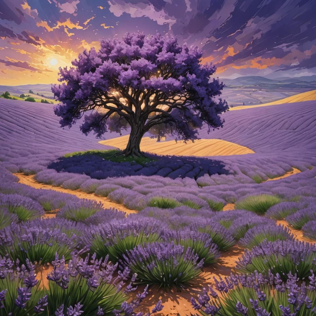 Hyperrealistic Lavender Field with Tree in Provence