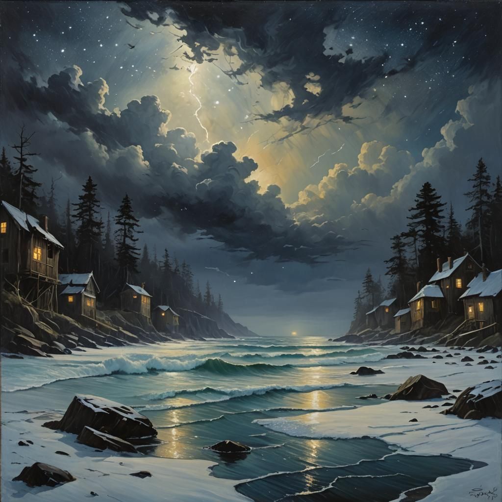 Starry Stormy Sea: Oil Painting Night Scene