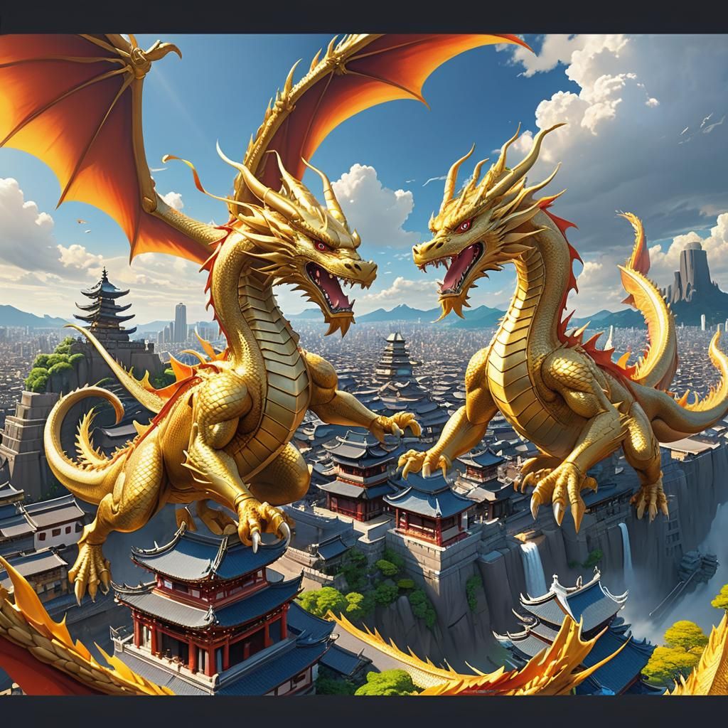 Golden Dragons Dance Over Ancient City: Anime Art