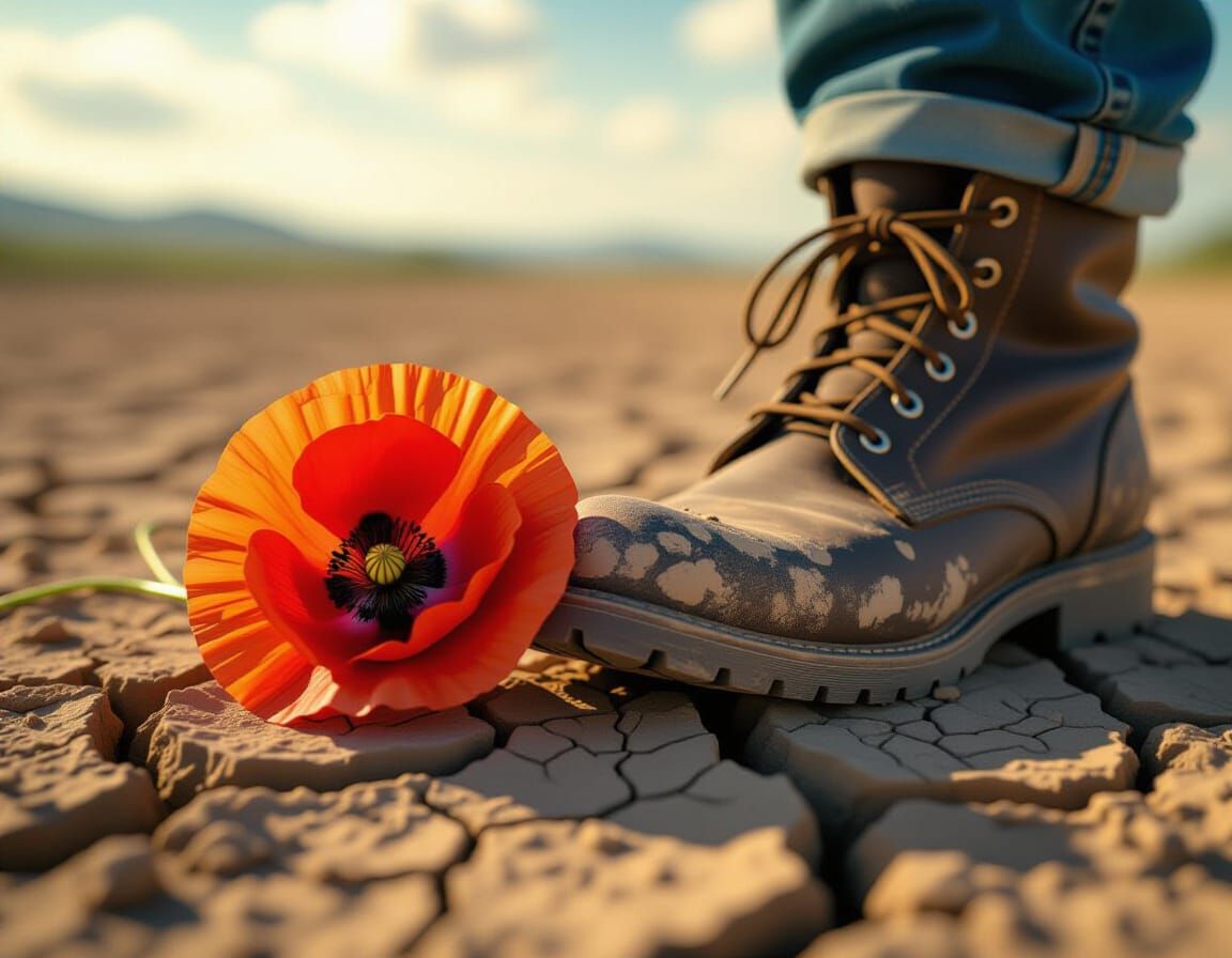 Red Poppy Crushed by Boot in Dramatic Contrast