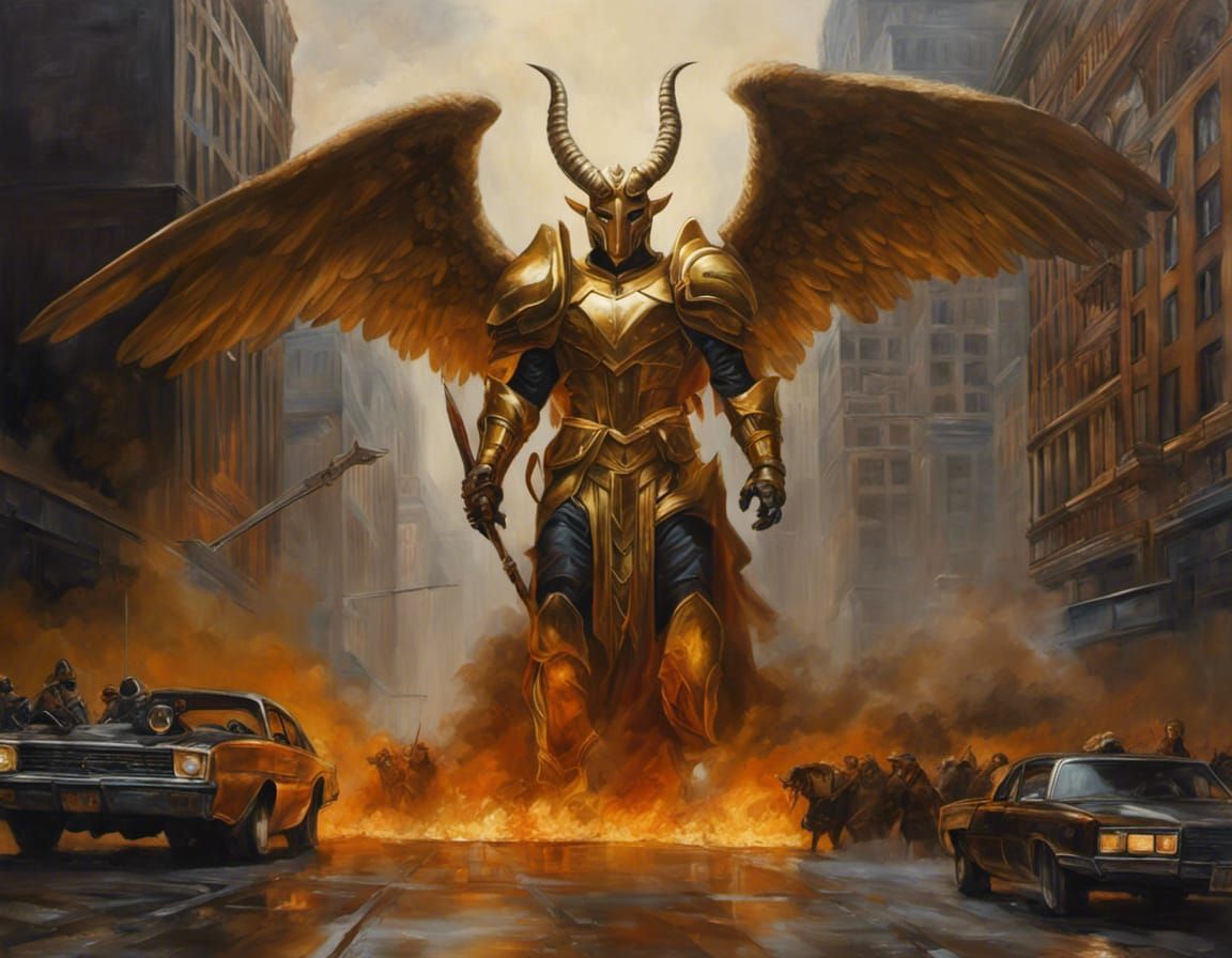 Faceless Demon Battles Angels in Dystopian New York