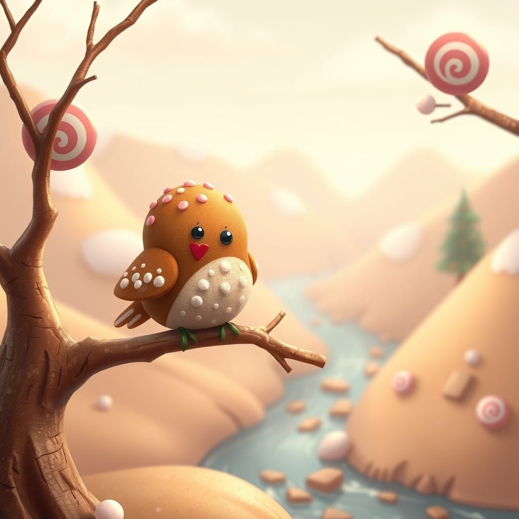 Adorable Gingerbread Bird on Peppermint Tree Branch