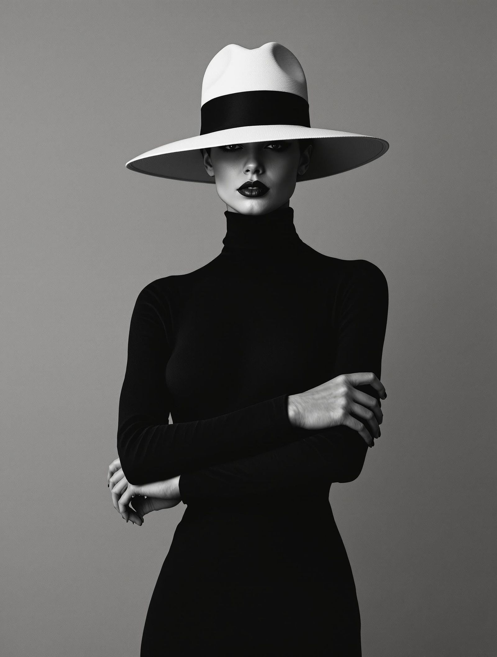 “Helmet Newton style phonograph A woman is pictured against a muted gray background. She wears a fitted, black, long-sle...