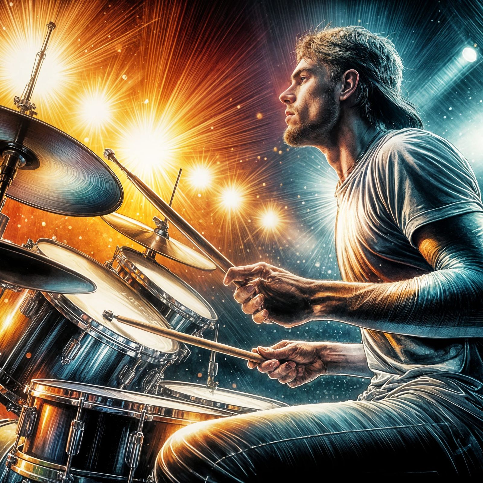 Dynamic Drummer Performing in Aquarell Style