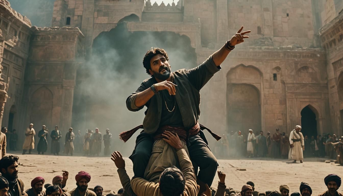 Cinematic Film Still: Man Lifting Person Overhead