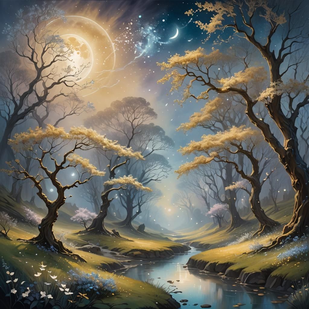 Ethereal Valley Bathed in Three Moons' Light