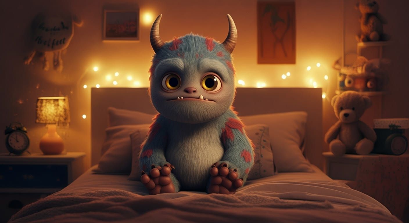 Whimsical CGI Monster in Cozy Bedroom