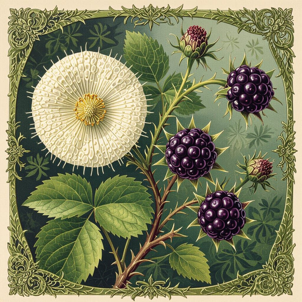 Botanical Illustration: Lichen and Blackberry