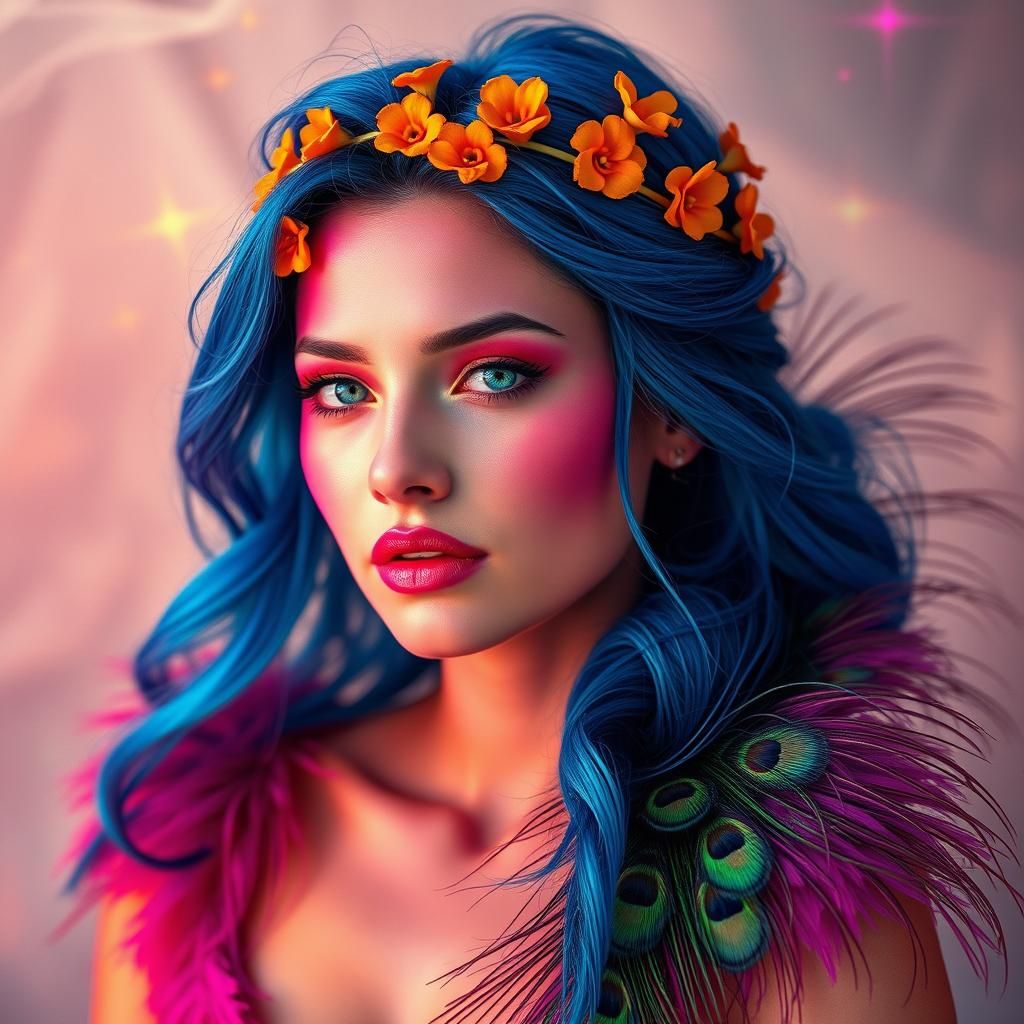 Vibrant Woman with Peacock Feathers in Sci-Fi Style