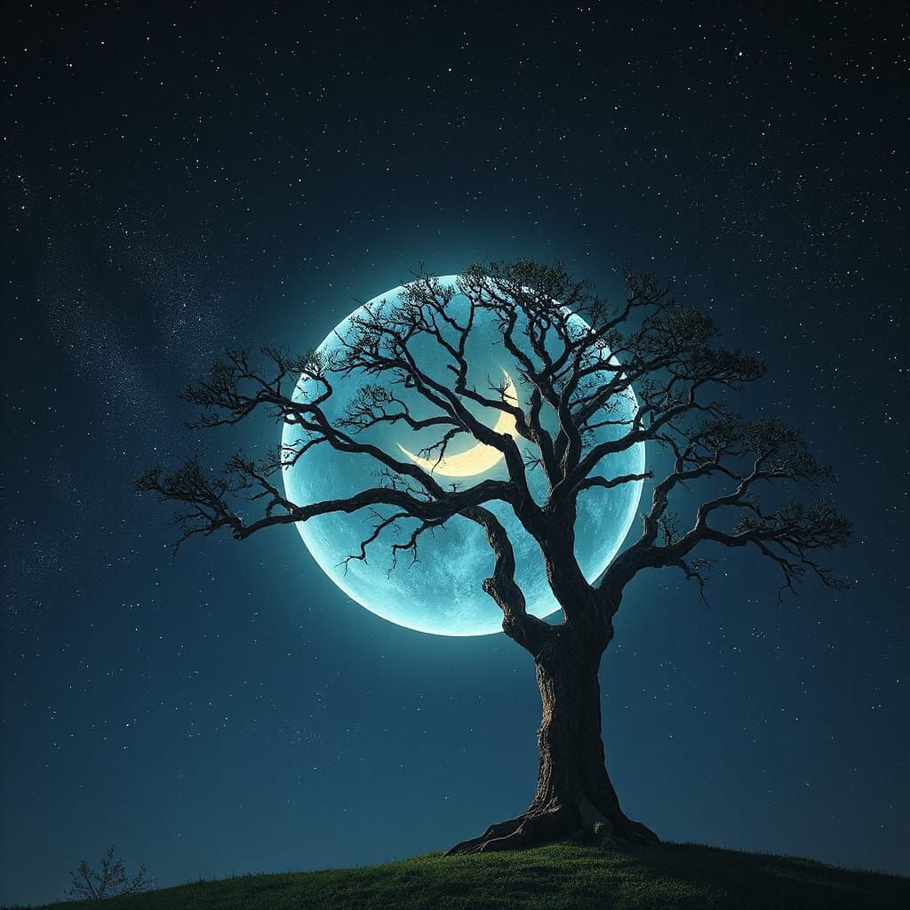 Ethereal Sphere Over Ancient Oak in Starry Night