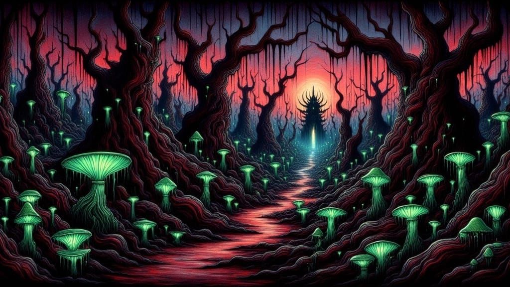 Dark Fantasy Realm of Twisted Forests and Crimson Cities