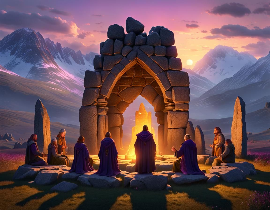 Mages Celebrate Sunrise in Stone Circle: Dark Fantasy Art