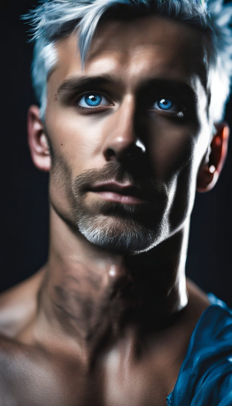 Muscular Man with Silver Hair and Piercing Blue Eyes