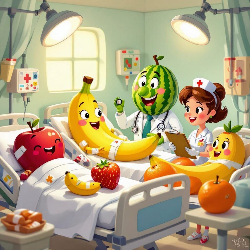 Whimsical Fruit Hospital Cartoon Illustration