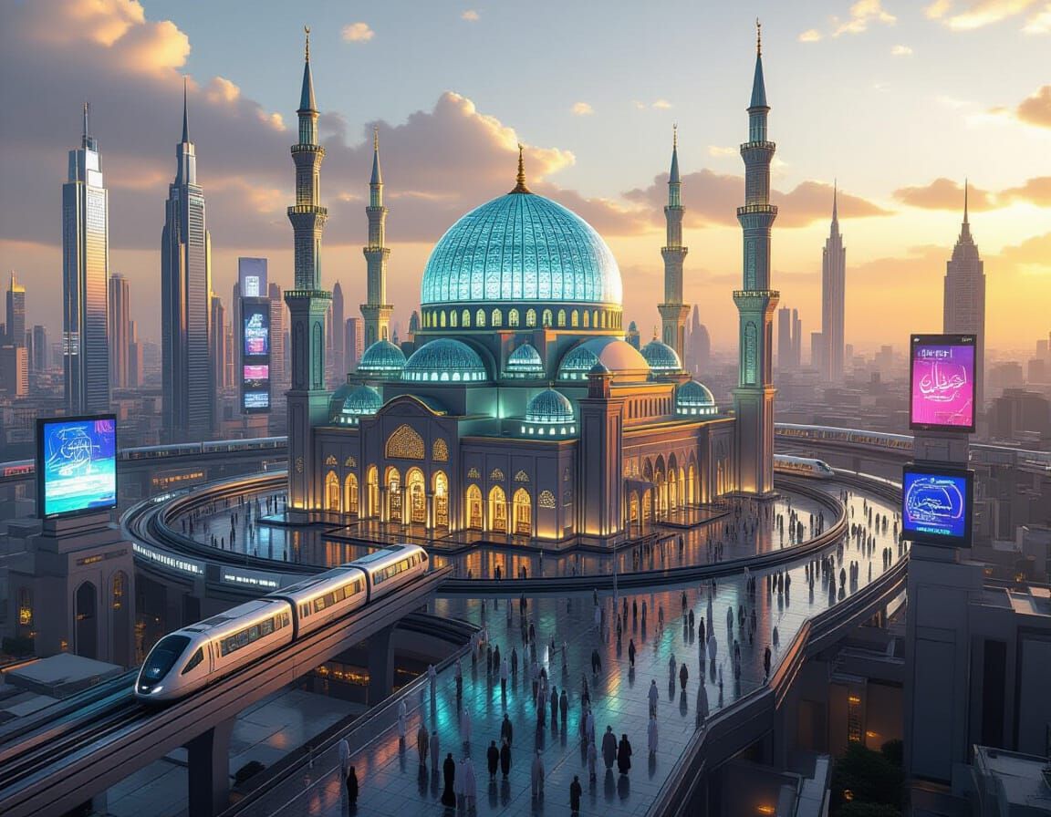 Futuristic Cityscape with Glass-Domed Mosque