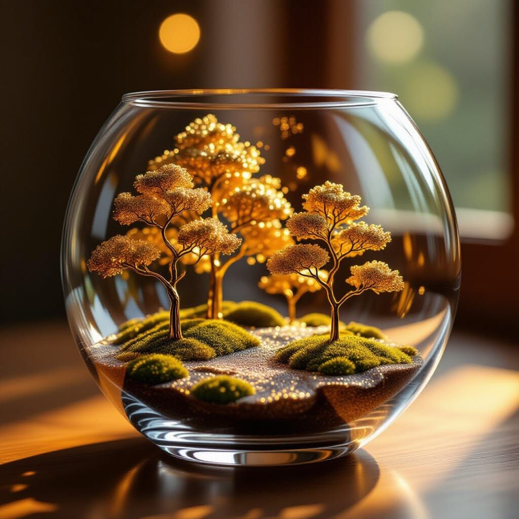 Miniature Golden Trees in Glass Bowl