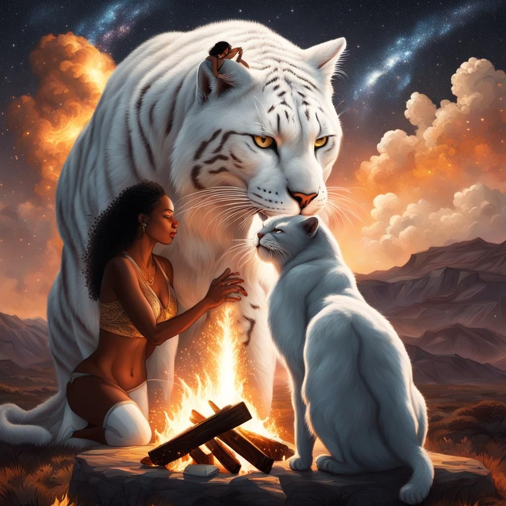 Latino Woman and Black Man Kissing White Cat