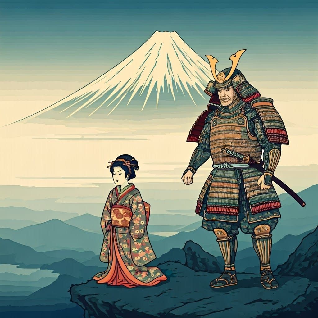 Geisha and Samurai on Cliff in Ukiyo-e Style