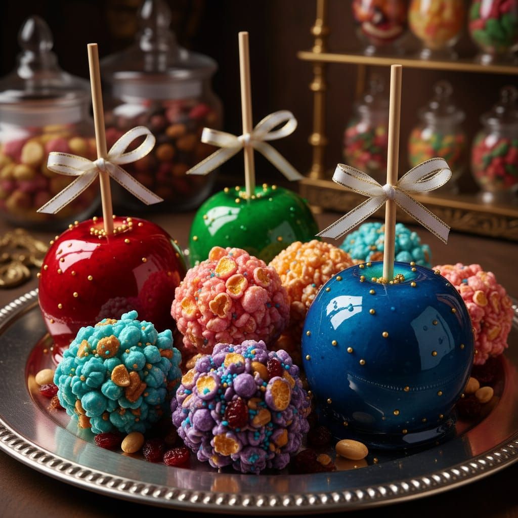 Vibrant Halloween Candy Apples and Popcorn Balls on Silver T...
