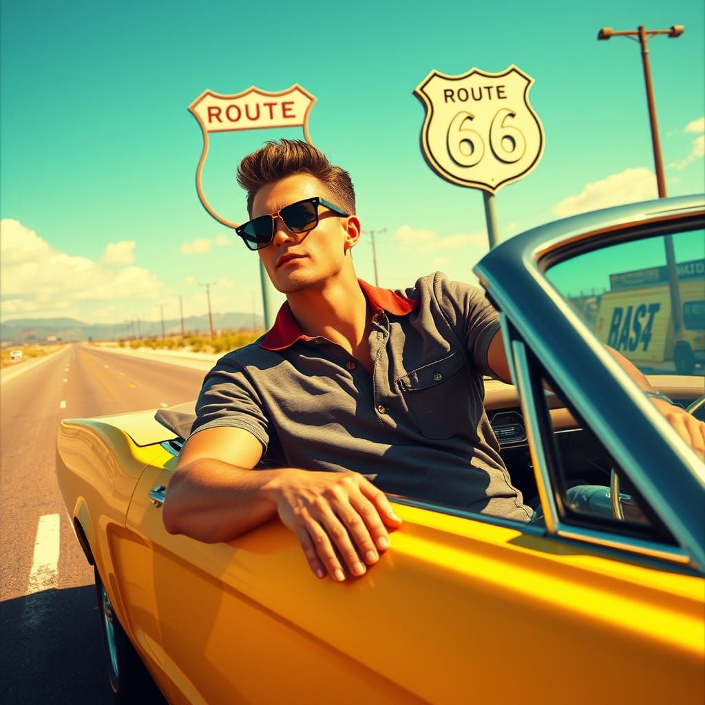 A beefcake in a polo shirt in a Mustang cruising down the fa...