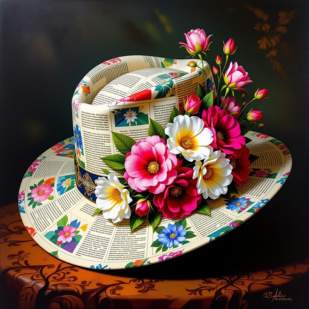 Surreal Newspaper Hat Adorned with Flowers and Fractals