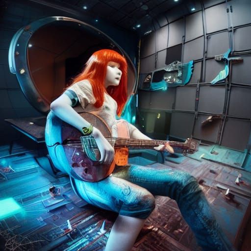 Redhead Guitarist's Solo in Futuristic Studio