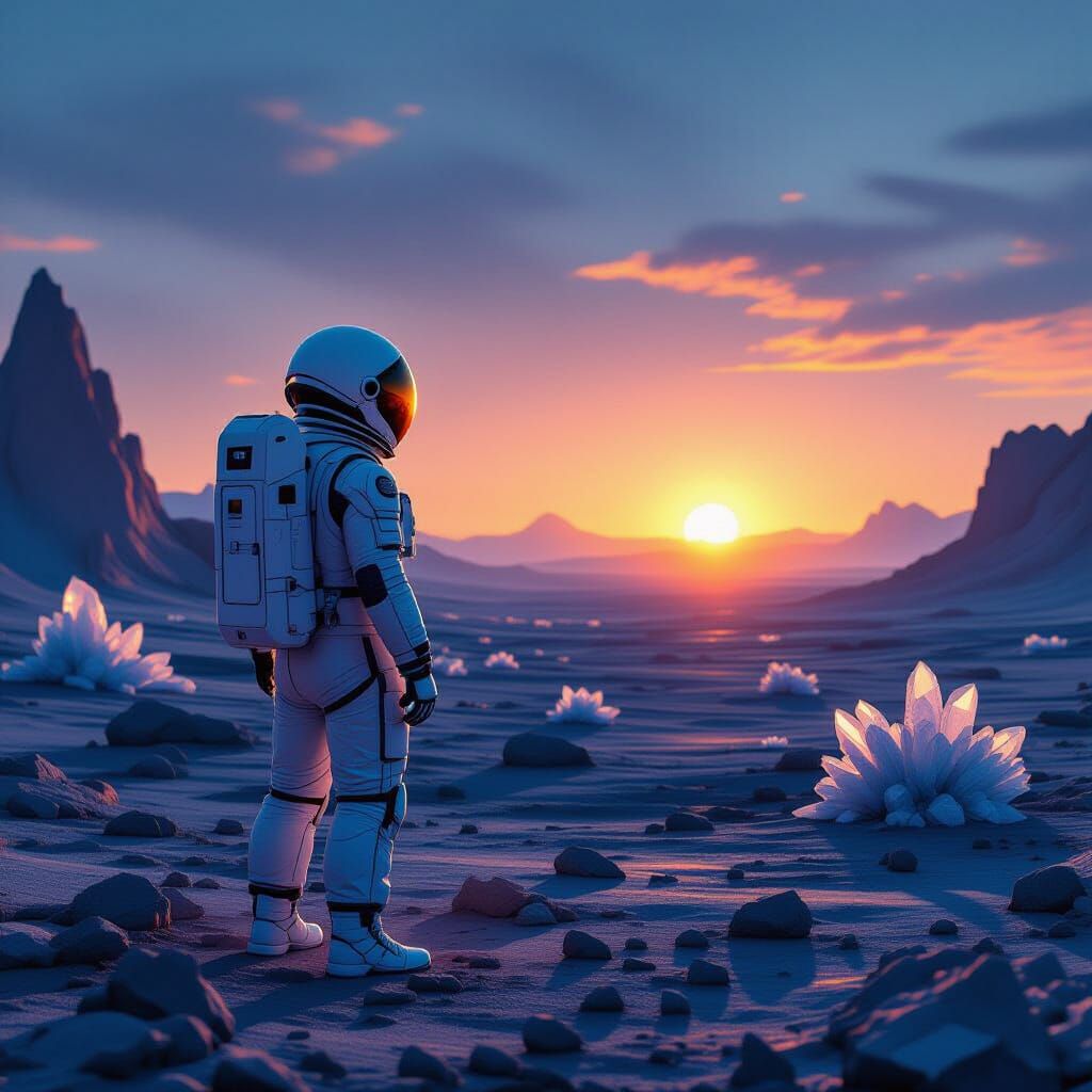 Astronaut Watches Binary Sunset on Alien Planet
