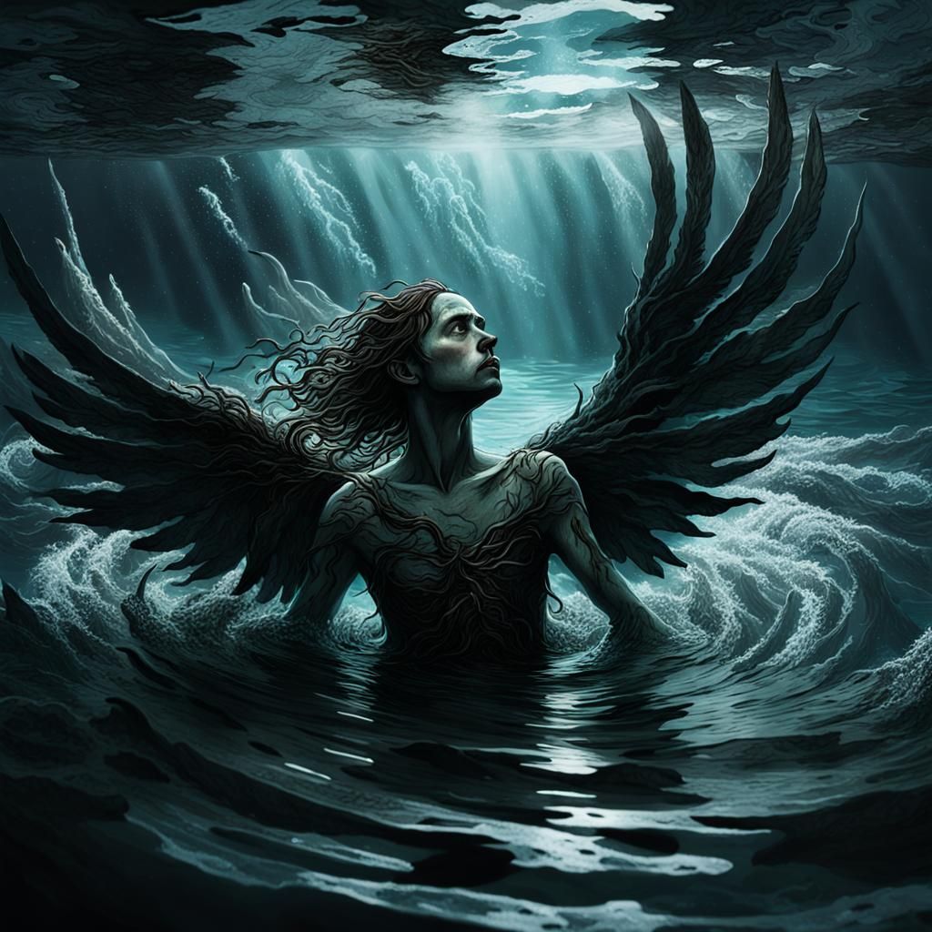 Drowning Person with Bioluminescent Wings in Dark Whirlpool