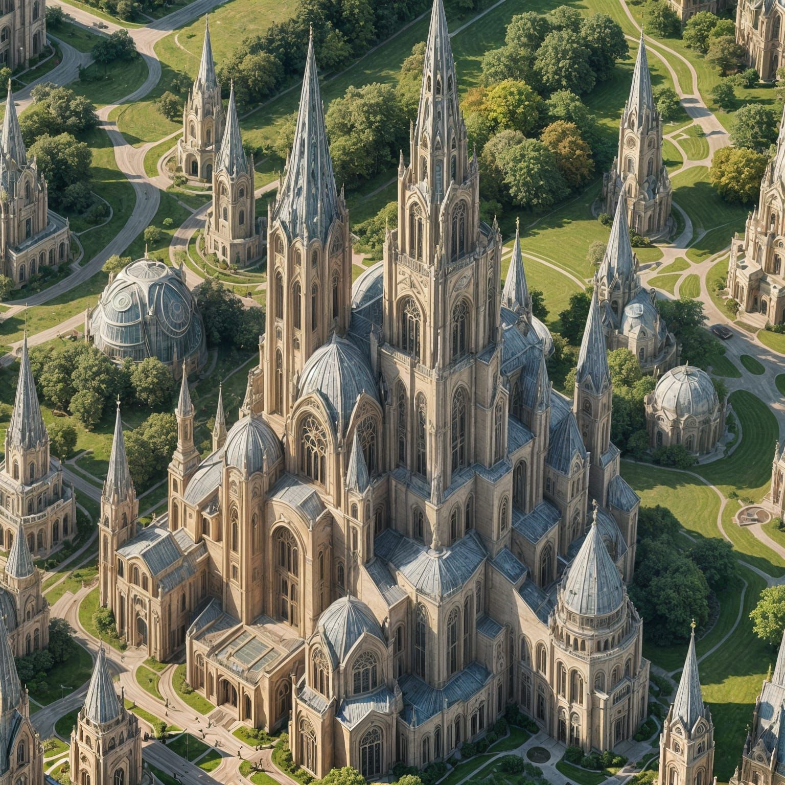 Art Deco Spire Building in Grassy Field