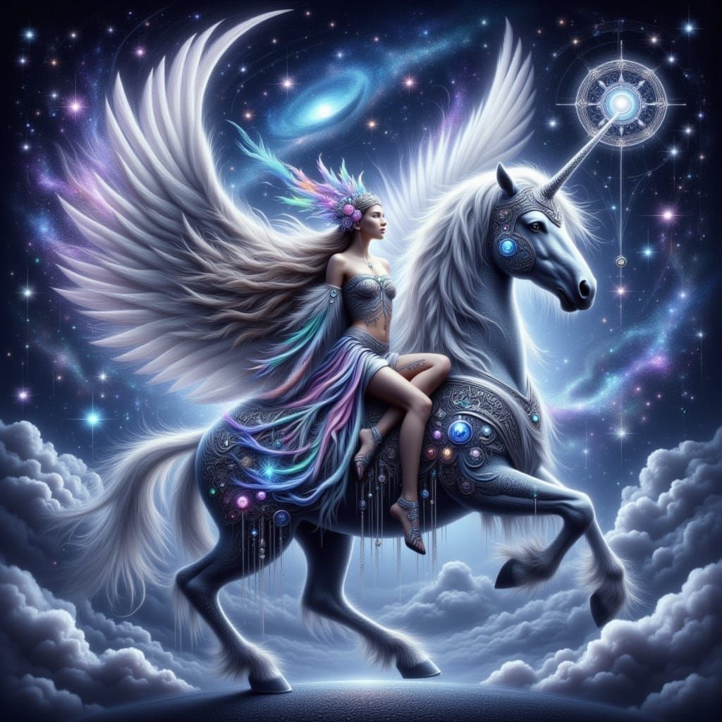 Mystical Zodiac Goddess Rides Windswept Unicorn Under Starry...