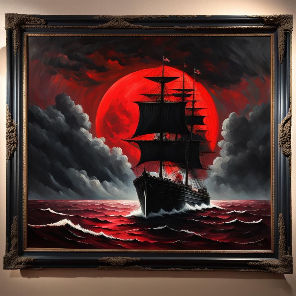 Gothic Warship Sails Under Crimson Moon: Oil Painting