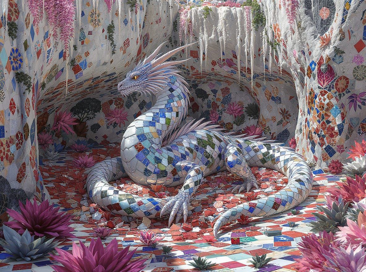 Wyvern with Ceramic Tile Scales on Mosaic Cliffs