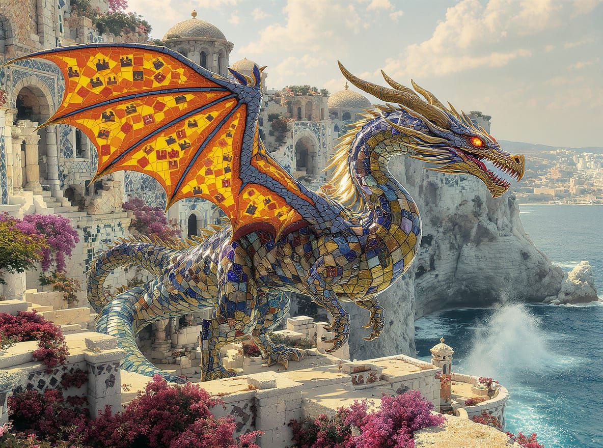 Mosaic Wyvern in Ancient Mediterranean City