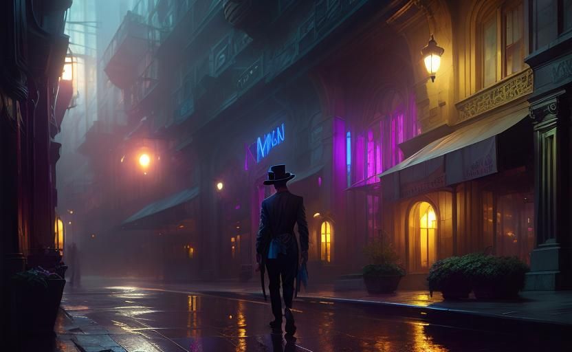 Dark Figure Walks Down Street: Hyperrealistic Splash Art