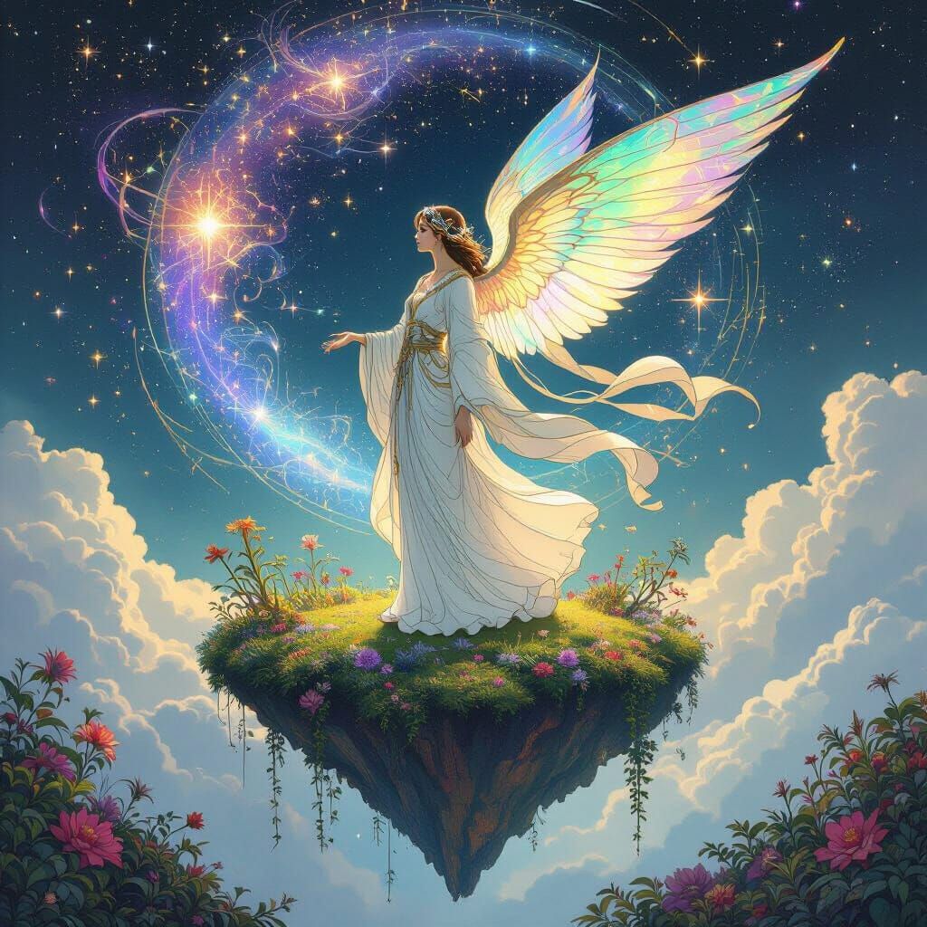 Celestial Being on Floating Island in Art Nouveau Style